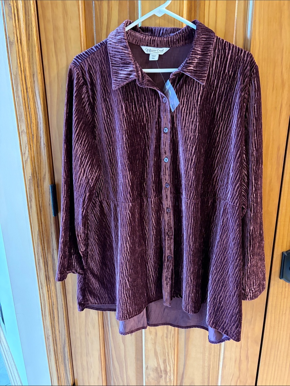 Coldwater Creek Plush Velvet Button-Front Shirt - Plum